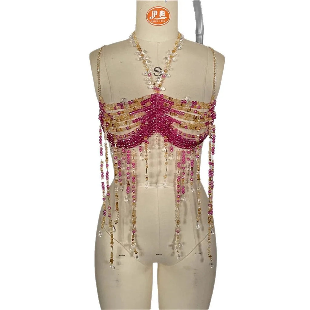 Women's New Beaded Fringed Body Chain Neck Top Trendy Chest Tops