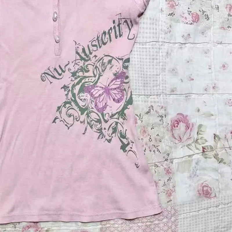 Pink T shirt Flower Women Clothing V Neck Kawaii Short Sleeve Summer Chic Harajuku Femme T shirts 90s Vintage Tee Y2k Crop Tops