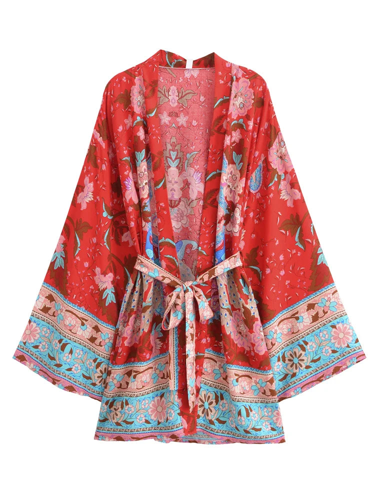Vintage Peacock Floral Print Sashes Bohemian Kimono Women  V Neck Batwing Sleeves Happie Short Robe Boho Bikini Cover-ups