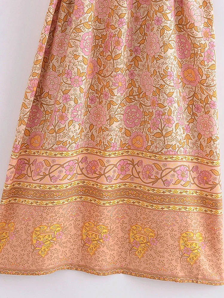 Boho Queens Women Pink Floral Print Bohemian Kimono Beach Robe Lady Batwing Sleeves Rayon Vacation Boho Bikini Cover-ups
