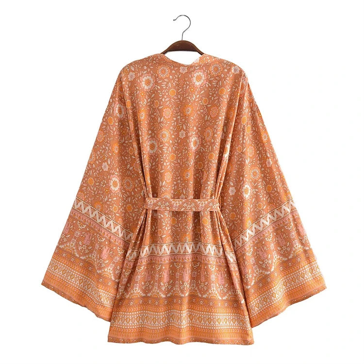 Boho Queens Vintage Pink Floral Print Rayon Cotton Women Bohemian Kimono Happie V Neck Batwing Sleeve Short Robe Bikini Cover-up