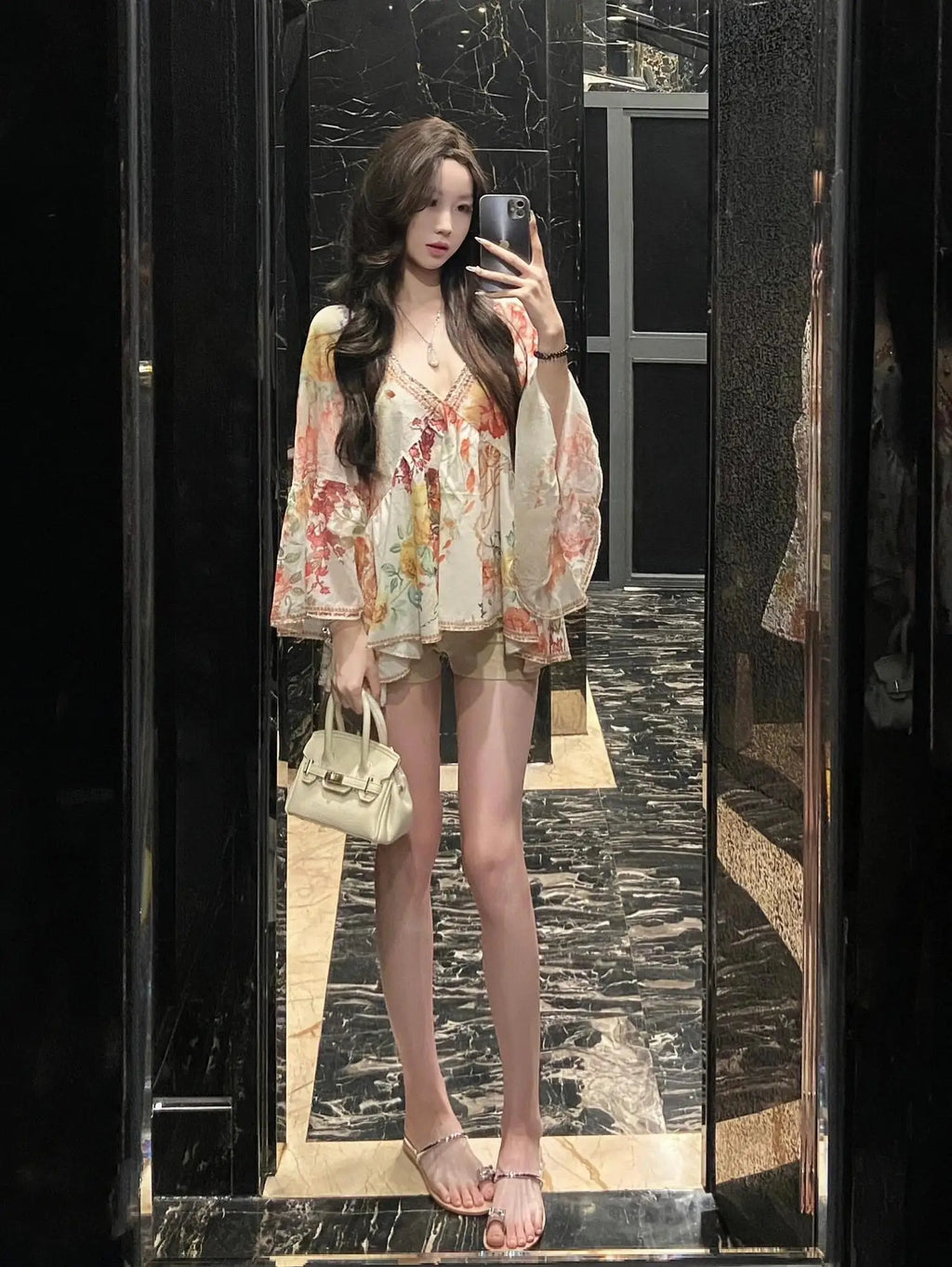 French Style Loose Fit Diamond Embellished Bell Sleeve Shirt Women's V-Neck Spring Early Spring Sexy Pure Desire Top