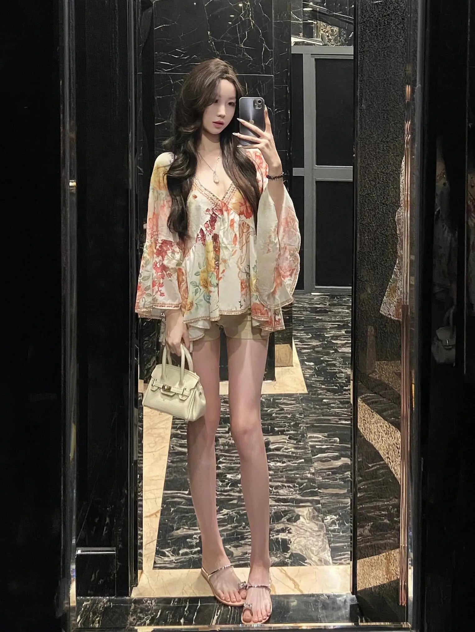 French Style Loose Fit Diamond Embellished Bell Sleeve Shirt Women's V-Neck Spring Early Spring Sexy Pure Desire Top
