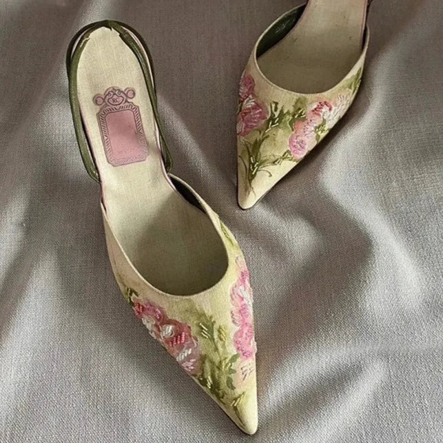 Embroidered Intricate Kitten Heels