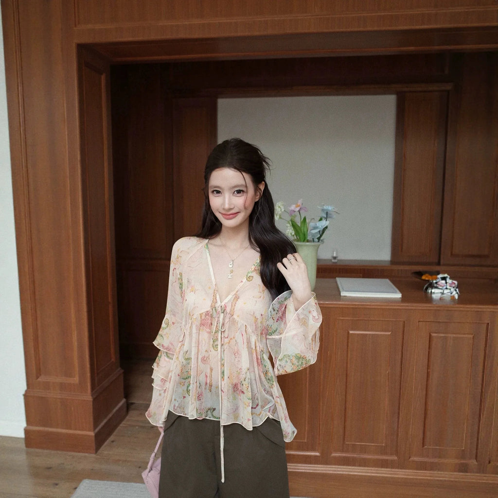 Exue Floral Print Chiffon Shirt Women's Summer Lightweight Loose Fit Long Sleeve V-Neck Breathable Gentle Vintage Top