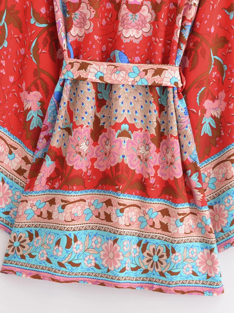 Vintage Peacock Floral Print Sashes Bohemian Kimono Women  V Neck Batwing Sleeves Happie Short Robe Boho Bikini Cover-ups