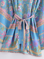 Boho Queens Floral Print Sashes Bohemian Kimono Women  V Neck Batwing Sleeves Short Robe Vacation Beach Bikini Cover-ups