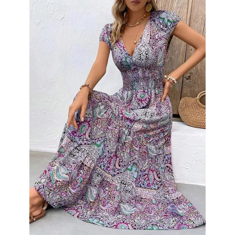 Summer New Women's Bohemian V-Neck Printed Elegant Fashion Slim Ventilate Minimalist Sleeveless All-match High Waist Dresses
