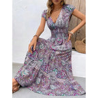 Summer New Women's Bohemian V-Neck Printed Elegant Fashion Slim Ventilate Minimalist Sleeveless All-match High Waist Dresses