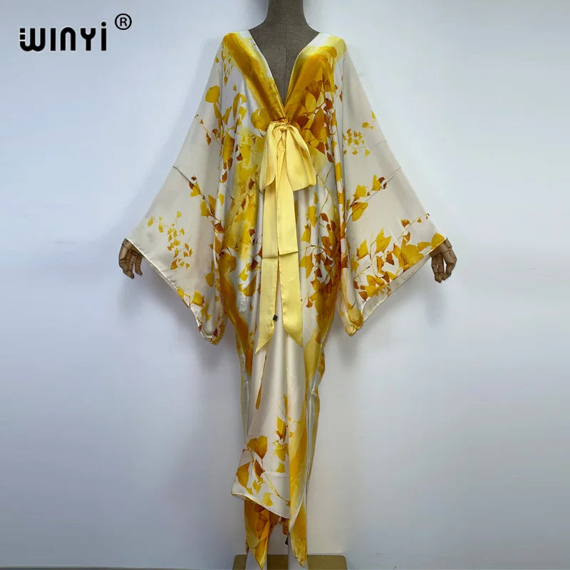 WINYI 2022 Summer Sexy V-Neck Dress Women long Sleeve Club Party Silky elegant Long Dresses boho Beach Cover Up Casual kaftan
