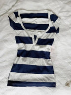 Vintage Fashion Blue Stripe Hot Girl Tshirts Y2k 2000s Female Clothing Summer Short sleeved Button V-neck T shirts Himekaji Tees