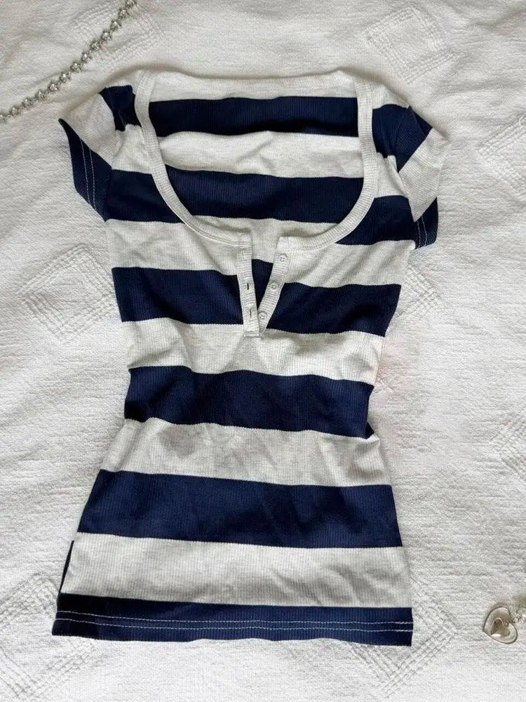 Vintage Fashion Blue Stripe Hot Girl Tshirts Y2k 2000s Female Clothing Summer Short sleeved Button V-neck T shirts Himekaji Tees