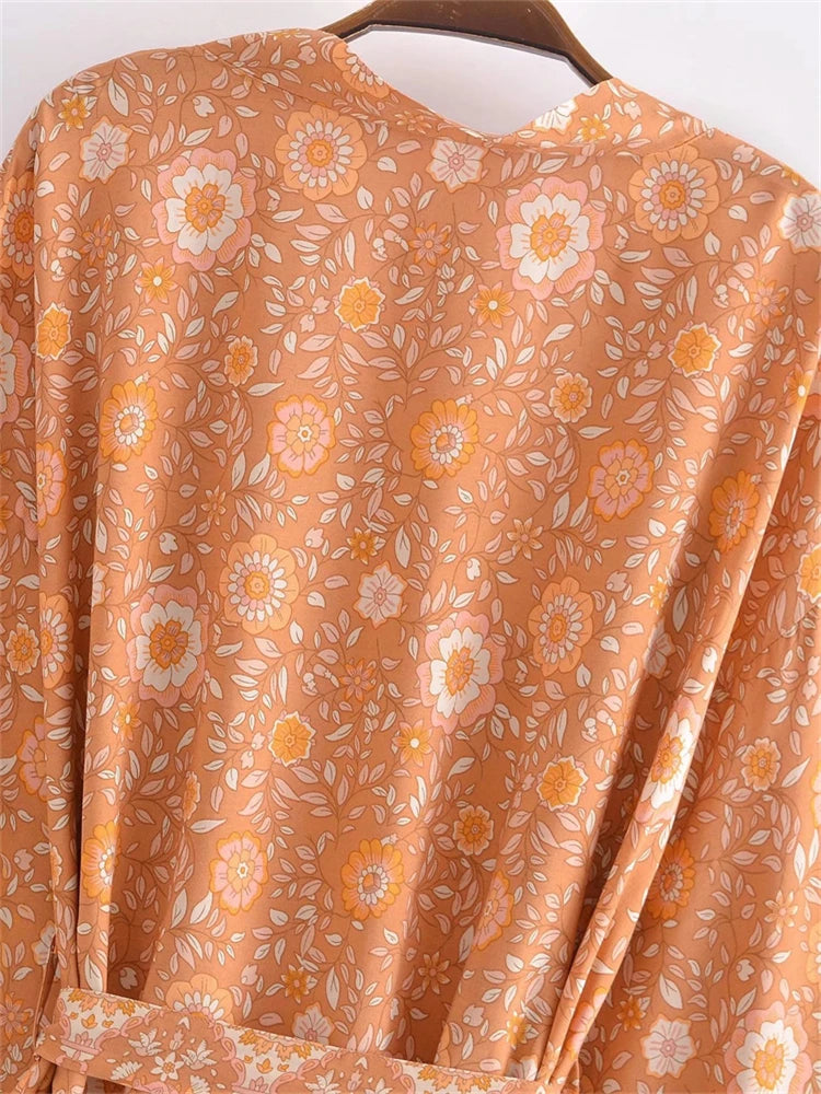 Boho Queens Vintage Pink Floral Print Rayon Cotton Women Bohemian Kimono Happie V Neck Batwing Sleeve Short Robe Bikini Cover-up