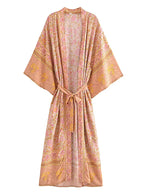 Boho Queens Women Pink Floral Print Bohemian Kimono Beach Robe Lady Batwing Sleeves Rayon Vacation Boho Bikini Cover-ups