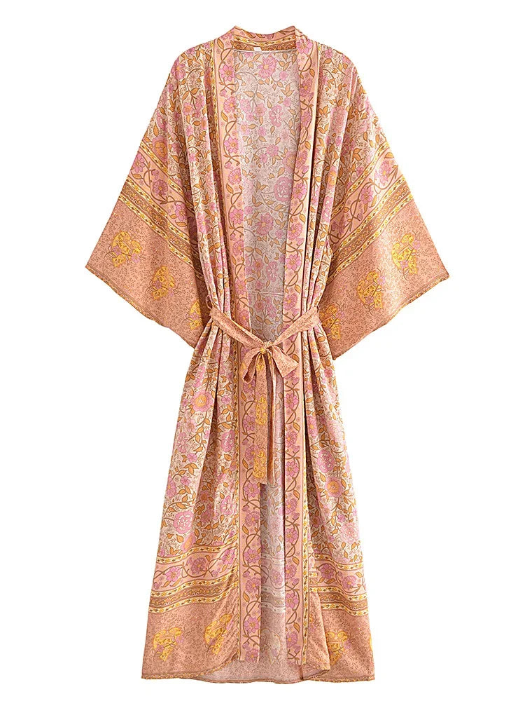 Boho Queens Women Pink Floral Print Bohemian Kimono Beach Robe Lady Batwing Sleeves Rayon Vacation Boho Bikini Cover-ups