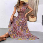 Summer New Women's Bohemian V-Neck Printed Elegant Fashion Slim Ventilate Minimalist Sleeveless All-match High Waist Dresses