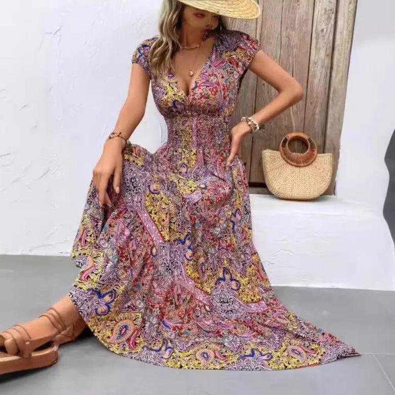 Summer New Women's Bohemian V-Neck Printed Elegant Fashion Slim Ventilate Minimalist Sleeveless All-match High Waist Dresses
