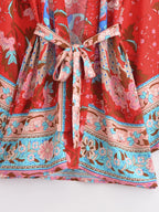 Vintage Peacock Floral Print Sashes Bohemian Kimono Women  V Neck Batwing Sleeves Happie Short Robe Boho Bikini Cover-ups