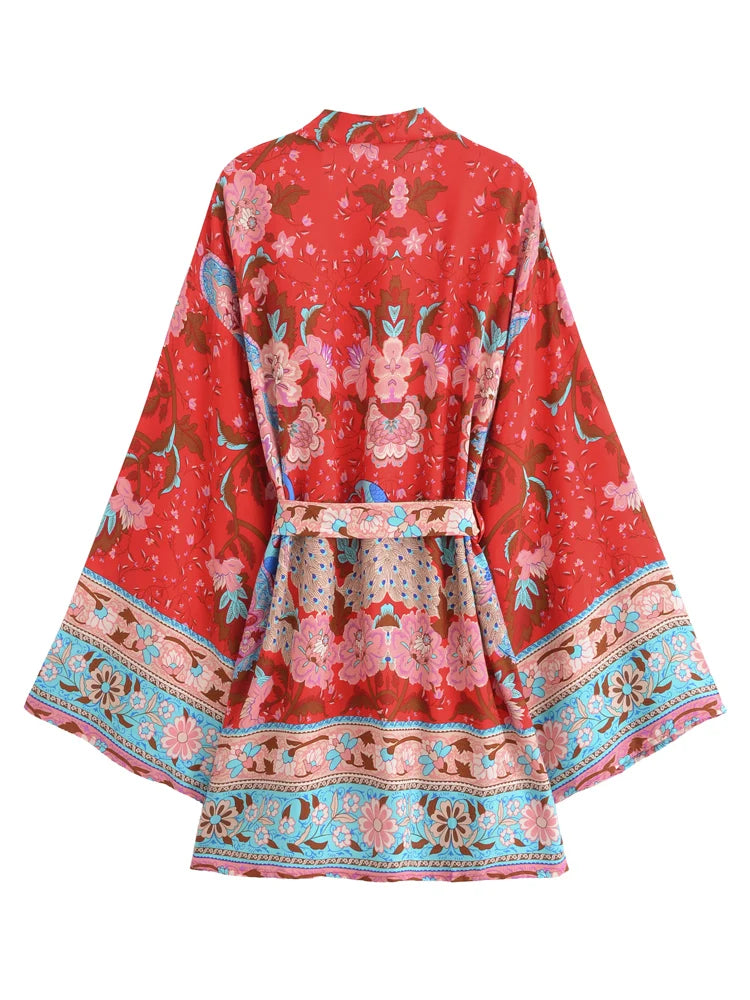Vintage Peacock Floral Print Sashes Bohemian Kimono Women  V Neck Batwing Sleeves Happie Short Robe Boho Bikini Cover-ups