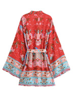 Vintage Peacock Floral Print Sashes Bohemian Kimono Women  V Neck Batwing Sleeves Happie Short Robe Boho Bikini Cover-ups