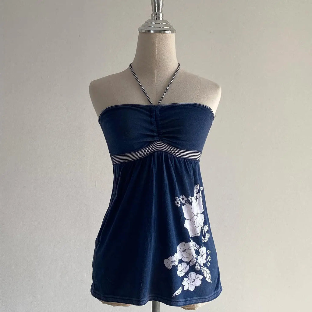 Fashion Y2K High Street Punk Classic Versatile Vests 2026 Summer New Floral Print Halter Lace-up Slim Tube Top Elegant Women Top