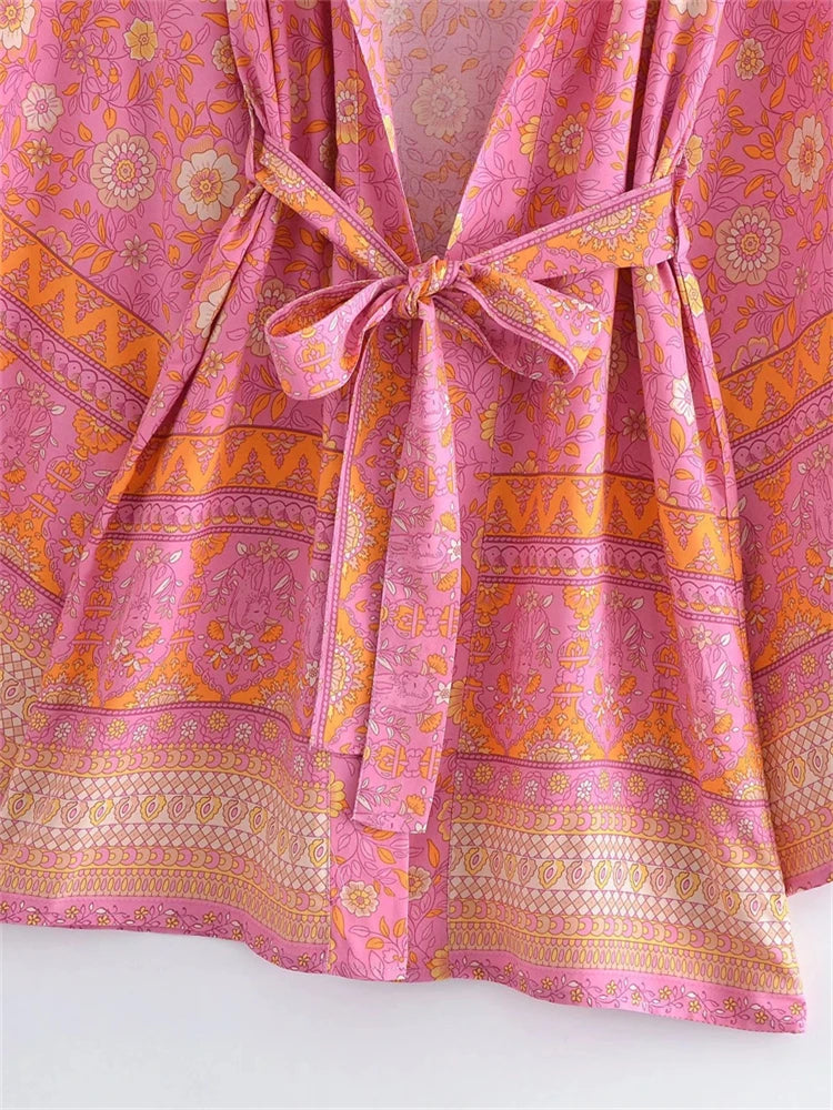 Boho Queens Vintage Pink Floral Print Rayon Cotton Women Bohemian Kimono Happie V Neck Batwing Sleeve Short Robe Bikini Cover-up