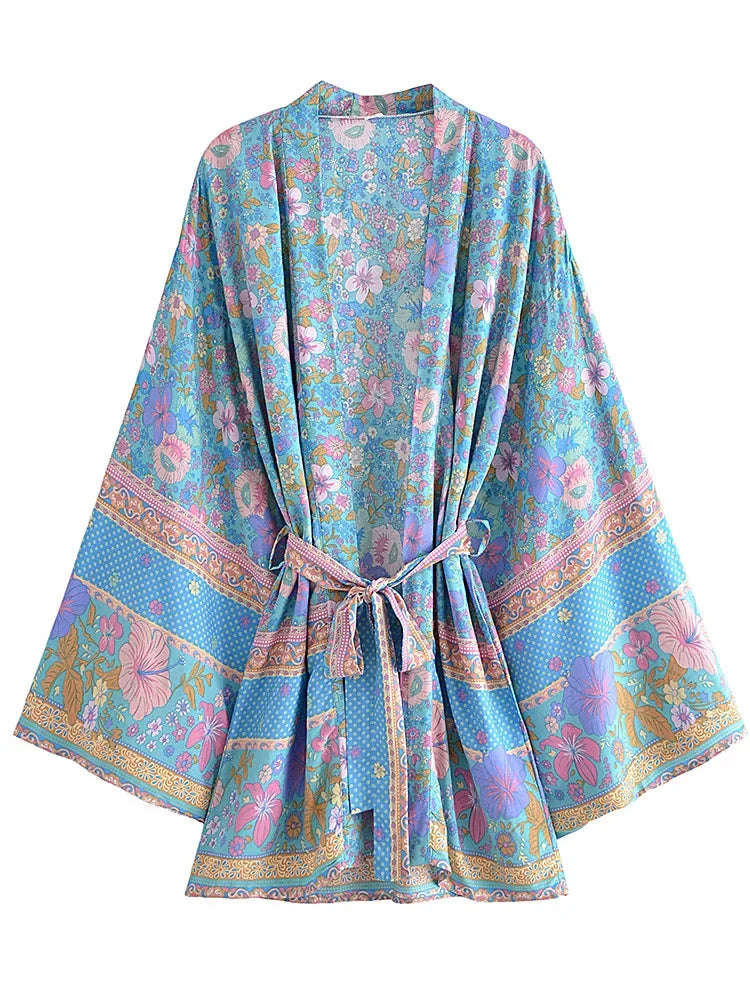 Boho Queens Floral Print Sashes Bohemian Kimono Women  V Neck Batwing Sleeves Short Robe Vacation Beach Bikini Cover-ups