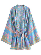 Boho Queens Floral Print Sashes Bohemian Kimono Women  V Neck Batwing Sleeves Short Robe Vacation Beach Bikini Cover-ups