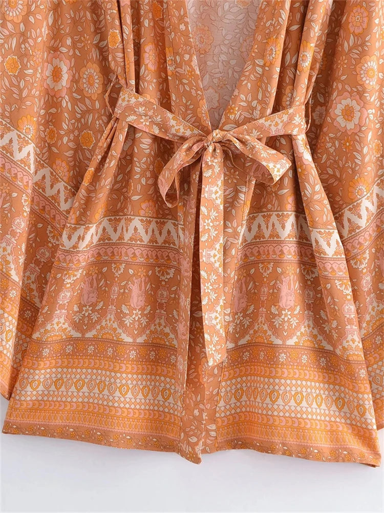 Boho Queens Vintage Pink Floral Print Rayon Cotton Women Bohemian Kimono Happie V Neck Batwing Sleeve Short Robe Bikini Cover-up