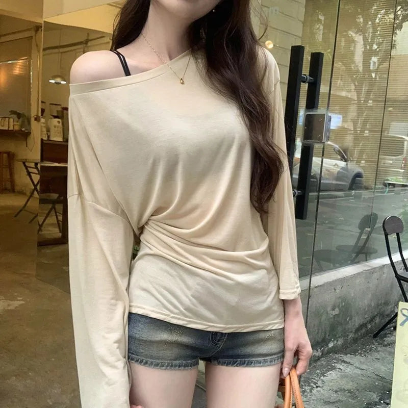 See Through Long sleeve Oversize T shirt Women Sexy Back Bandage Off shoulder Top Female Basic Long Tees Korean Chic Lady New