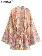Vintage Peacock Floral Print Sashes Bohemian Kimono Women  V Neck Batwing Sleeves Happie Short Robe Boho Bikini Cover-ups