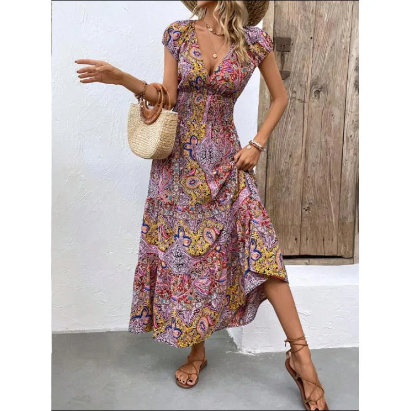 Summer New Women's Bohemian V-Neck Printed Elegant Fashion Slim Ventilate Minimalist Sleeveless All-match High Waist Dresses