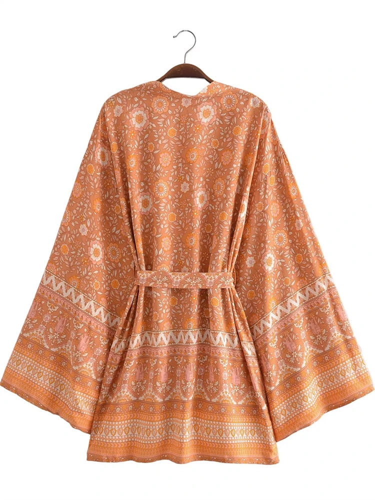 Boho Queens Vintage Pink Floral Print Rayon Cotton Women Bohemian Kimono Happie V Neck Batwing Sleeve Short Robe Bikini Cover-up