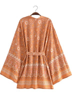 Boho Queens Vintage Pink Floral Print Rayon Cotton Women Bohemian Kimono Happie V Neck Batwing Sleeve Short Robe Bikini Cover-up