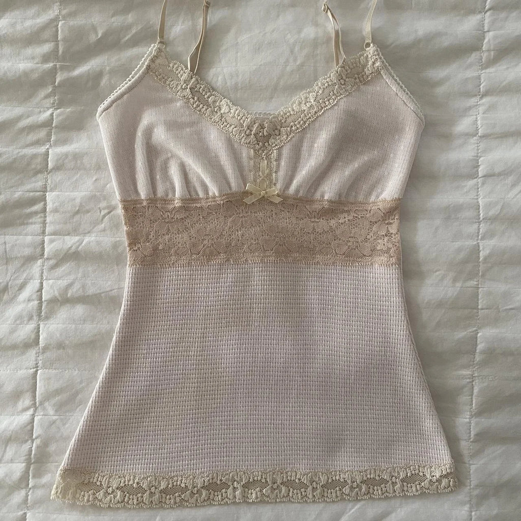 Women Summer Kawaii Lace Trim Patchwork Tanks Tops Fairycore Grunge Aesthetic Sleeveless Spaghetti Strap Slim Vacation Vests
