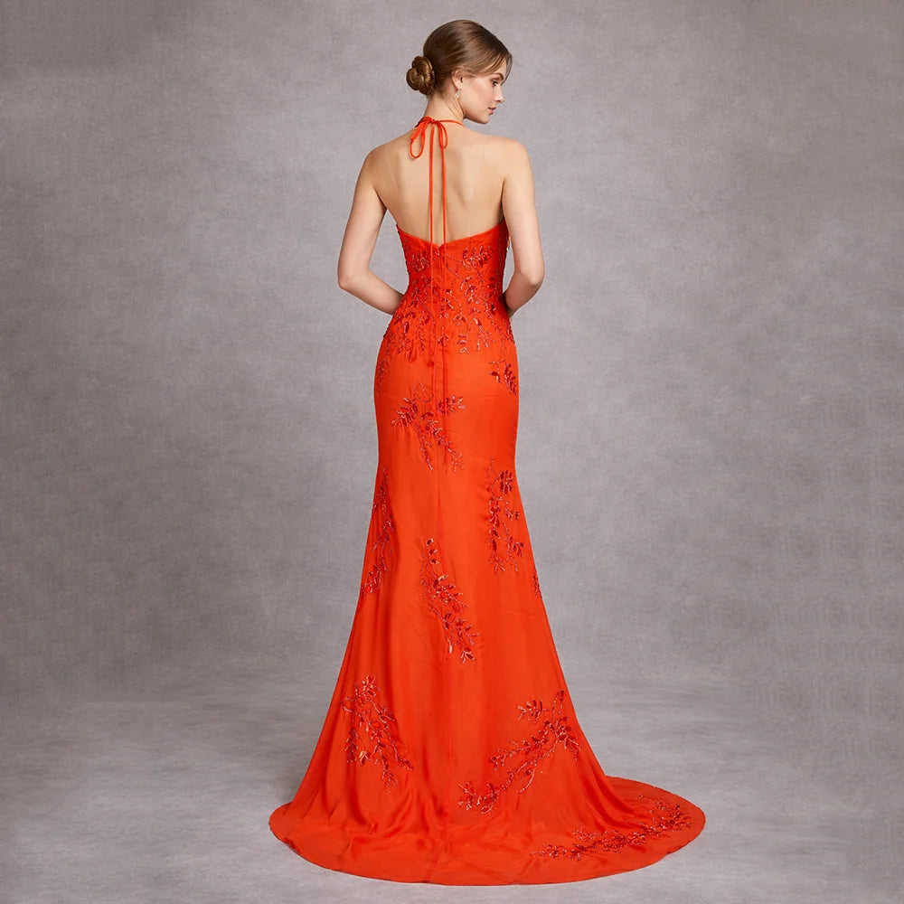 Msikoods Elegant Chiffon Spaghetti Straps Beaded Prom Dress Women Customized Mermaid Tulle Party Dresses Sequins Evening Dress