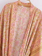 Boho Queens Women Pink Floral Print Bohemian Kimono Beach Robe Lady Batwing Sleeves Rayon Vacation Boho Bikini Cover-ups