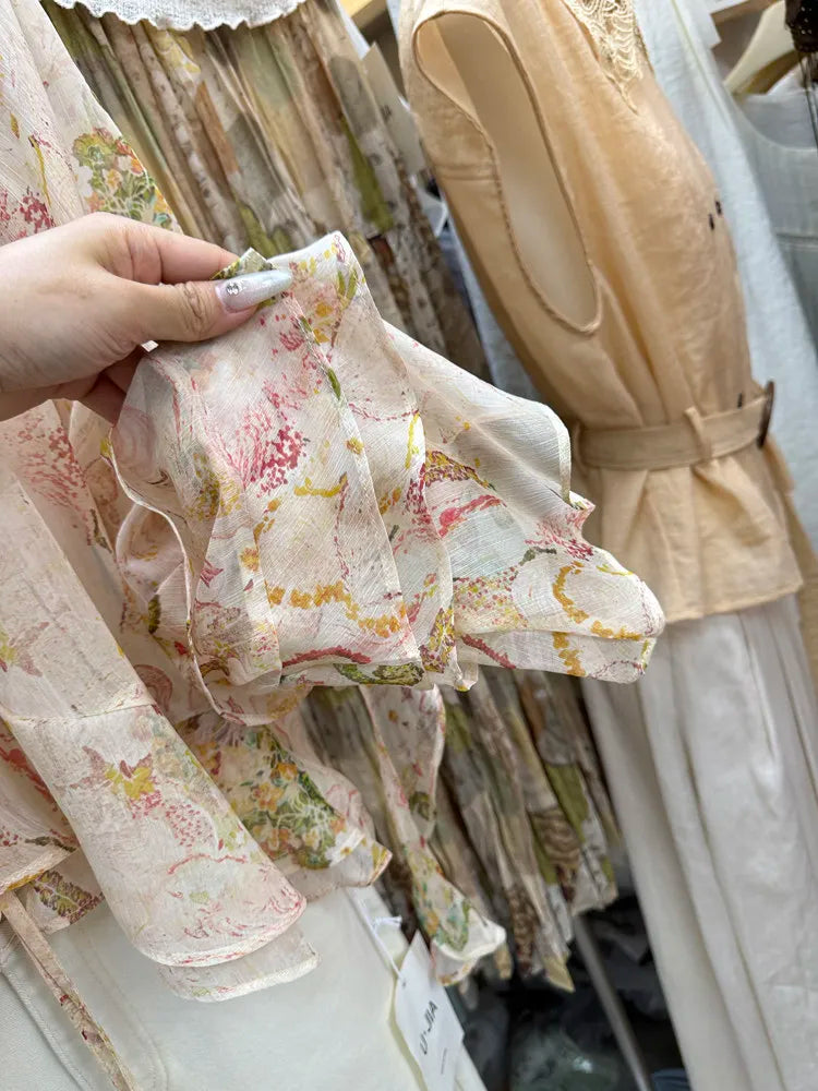 Spring Summer Women V Neck Bow Floral Pattern Ruffles Flare Sleeve Chiffon Top Shirt , Woman Fashion French Style Tops Shirts
