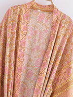 Boho Queens Women Pink Floral Print Bohemian Kimono Beach Robe Lady Batwing Sleeves Rayon Vacation Boho Bikini Cover-ups
