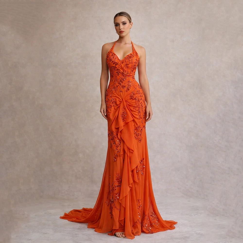 Msikoods Elegant Chiffon Spaghetti Straps Beaded Prom Dress Women Customized Mermaid Tulle Party Dresses Sequins Evening Dress