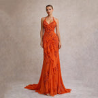 Msikoods Elegant Chiffon Spaghetti Straps Beaded Prom Dress Women Customized Mermaid Tulle Party Dresses Sequins Evening Dress