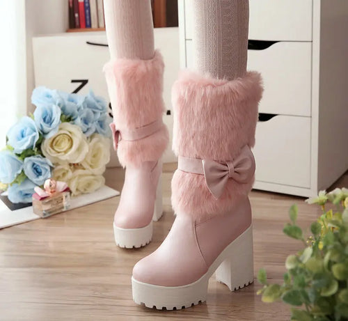 2024 Winter New High Heels Snow Boots Lolita Sweet Bow Women's Warm Snow Boots Girls Student Fluffy Kawaii Mid-calf Ladies Boots