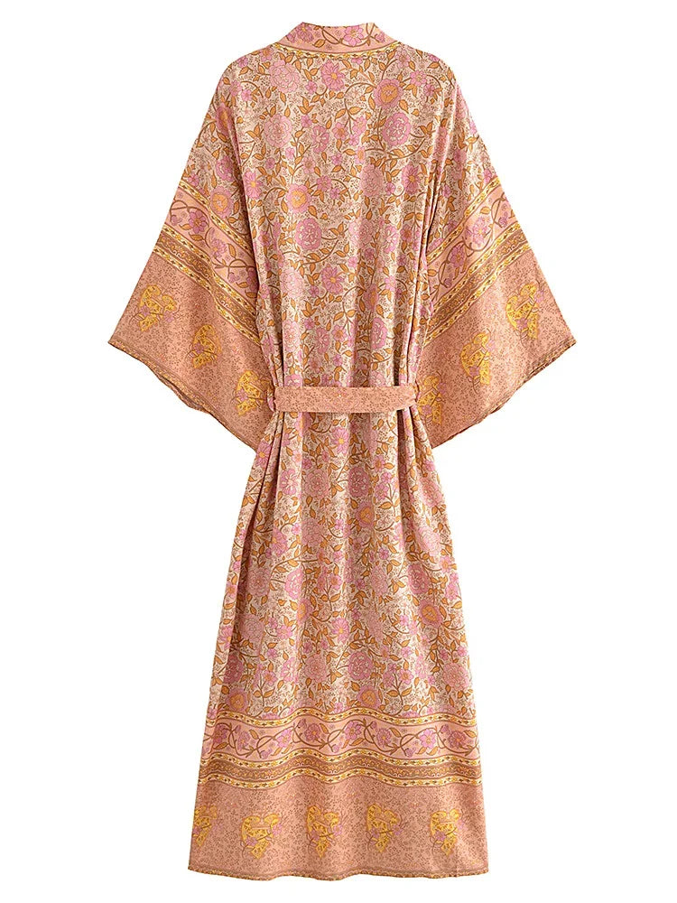 Boho Queens Women Pink Floral Print Bohemian Kimono Beach Robe Lady Batwing Sleeves Rayon Vacation Boho Bikini Cover-ups