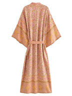 Boho Queens Women Pink Floral Print Bohemian Kimono Beach Robe Lady Batwing Sleeves Rayon Vacation Boho Bikini Cover-ups