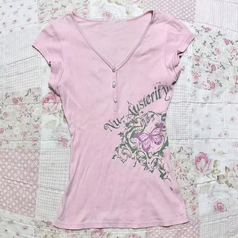 Pink T shirt Flower Women Clothing V Neck Kawaii Short Sleeve Summer Chic Harajuku Femme T shirts 90s Vintage Tee Y2k Crop Tops