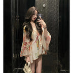 French Style Loose Fit Diamond Embellished Bell Sleeve Shirt Women's V-Neck Spring Early Spring Sexy Pure Desire Top