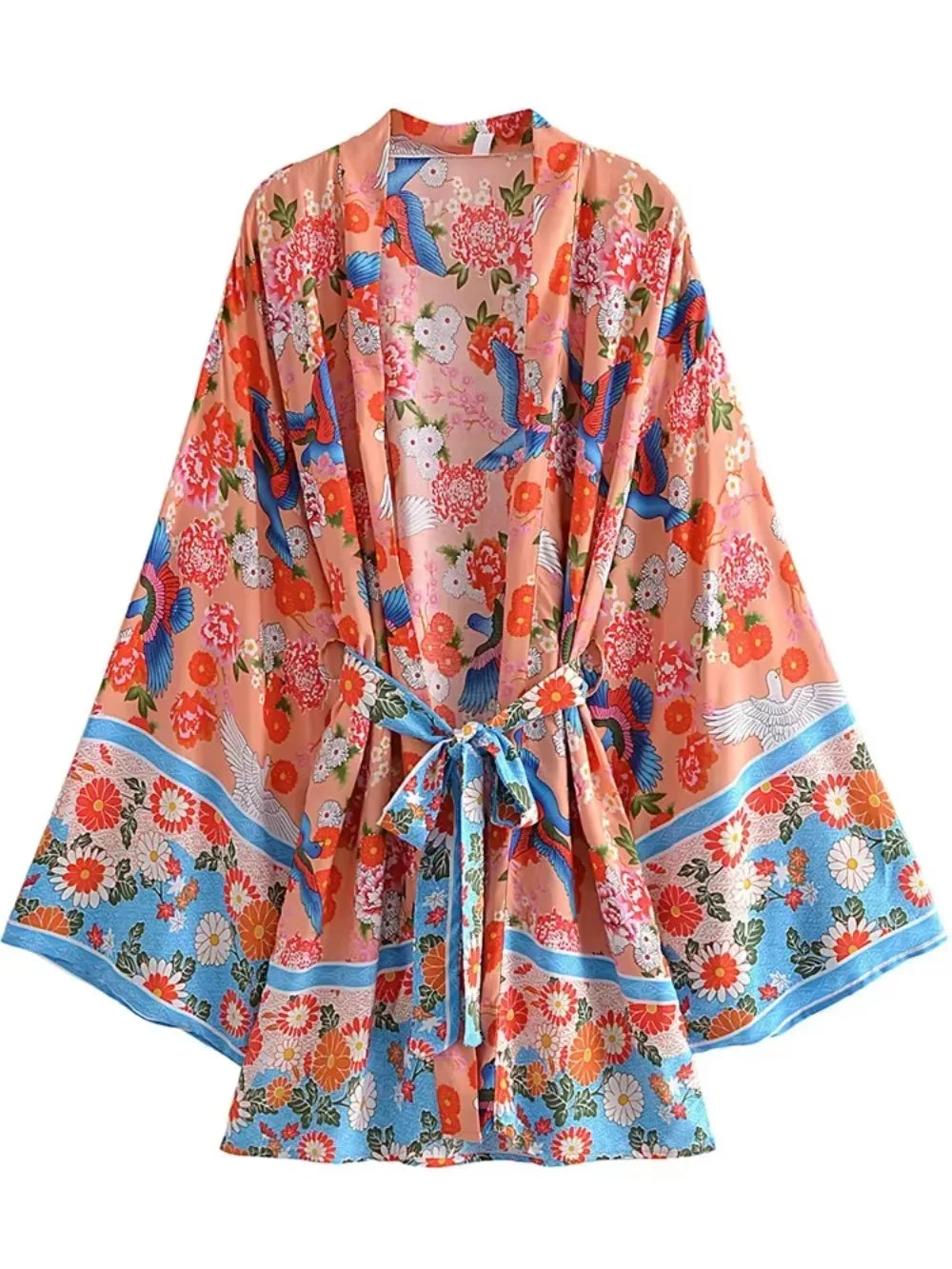 Vintage Peacock Floral Print Sashes Bohemian Kimono Women  V Neck Batwing Sleeves Happie Short Robe Boho Bikini Cover-ups