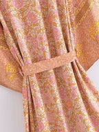 Boho Queens Women Pink Floral Print Bohemian Kimono Beach Robe Lady Batwing Sleeves Rayon Vacation Boho Bikini Cover-ups