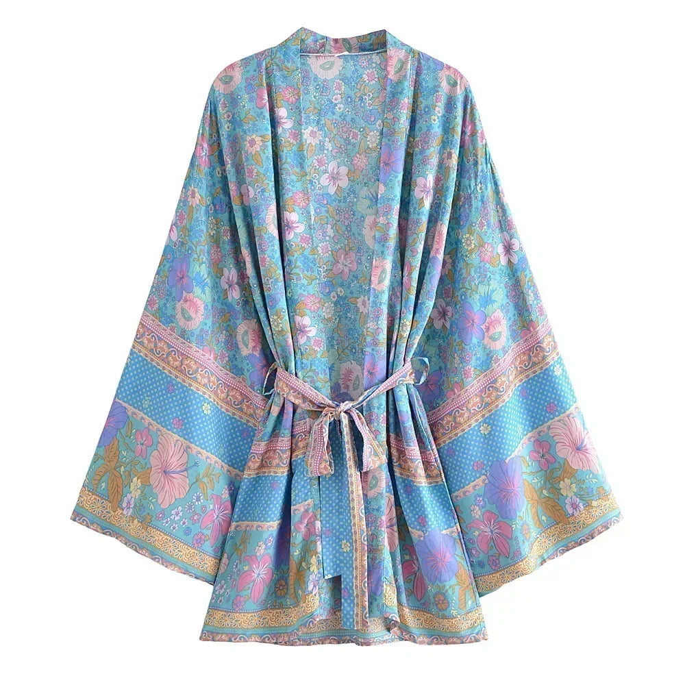 Boho Queens Floral Print Sashes Bohemian Kimono Women  V Neck Batwing Sleeves Short Robe Vacation Beach Bikini Cover-ups