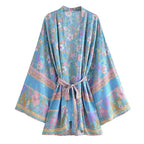 Boho Queens Floral Print Sashes Bohemian Kimono Women  V Neck Batwing Sleeves Short Robe Vacation Beach Bikini Cover-ups